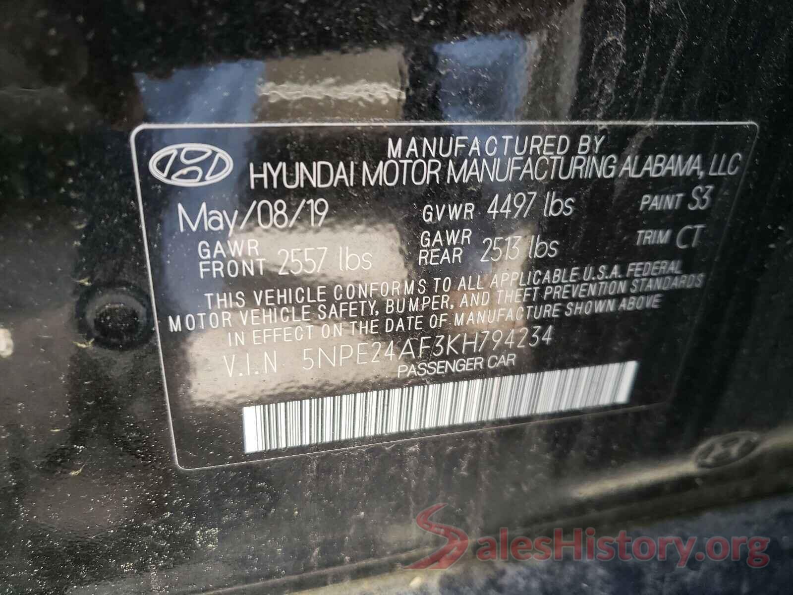 5NPE24AF3KH794234 2019 HYUNDAI SONATA