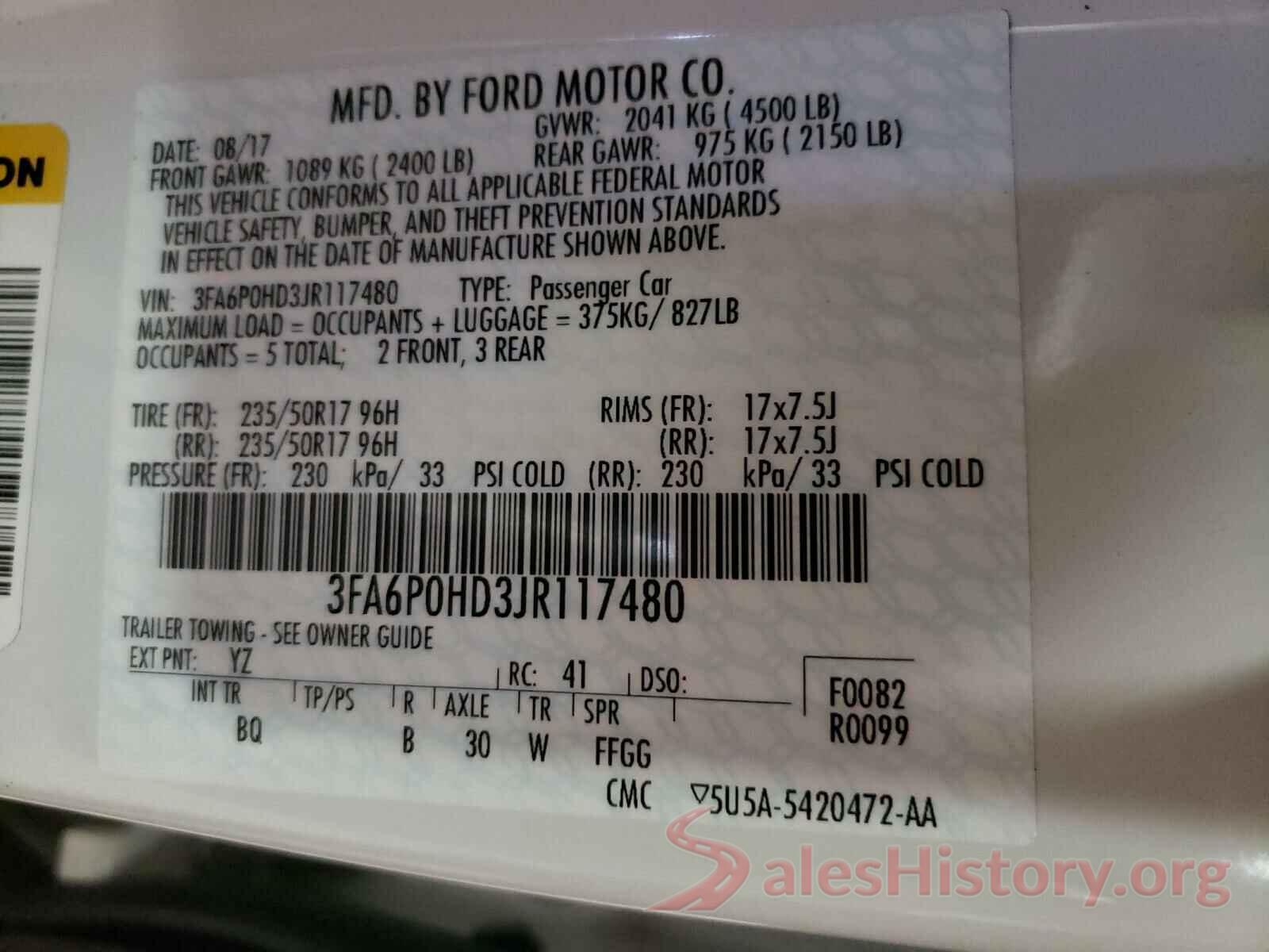 3FA6P0HD3JR117480 2018 FORD FUSION