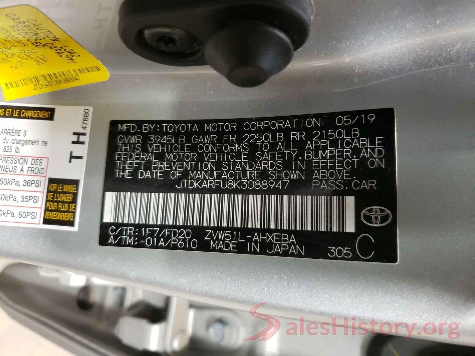 JTDKARFU8K3088947 2019 TOYOTA PRIUS