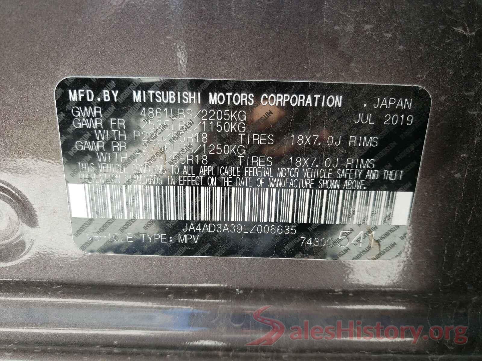 JA4AD3A39LZ006635 2020 MITSUBISHI OUTLANDER