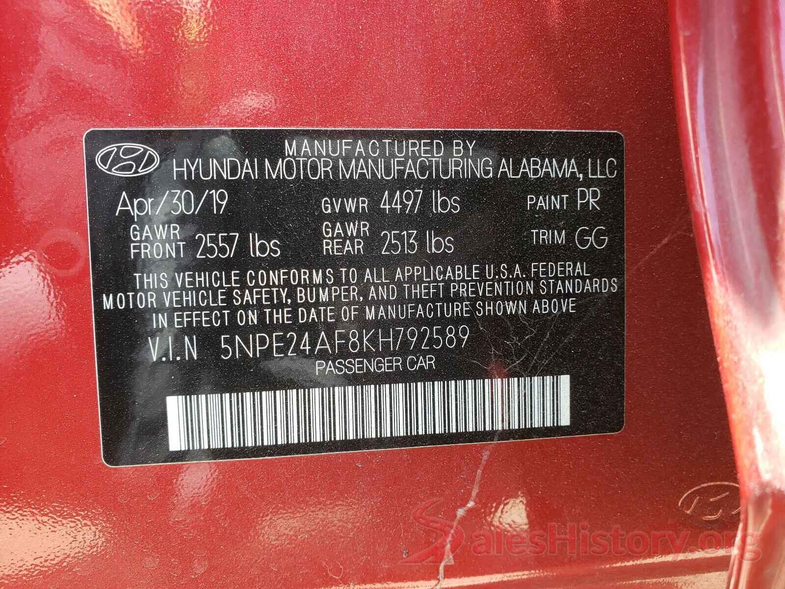 5NPE24AF8KH792589 2019 HYUNDAI SONATA