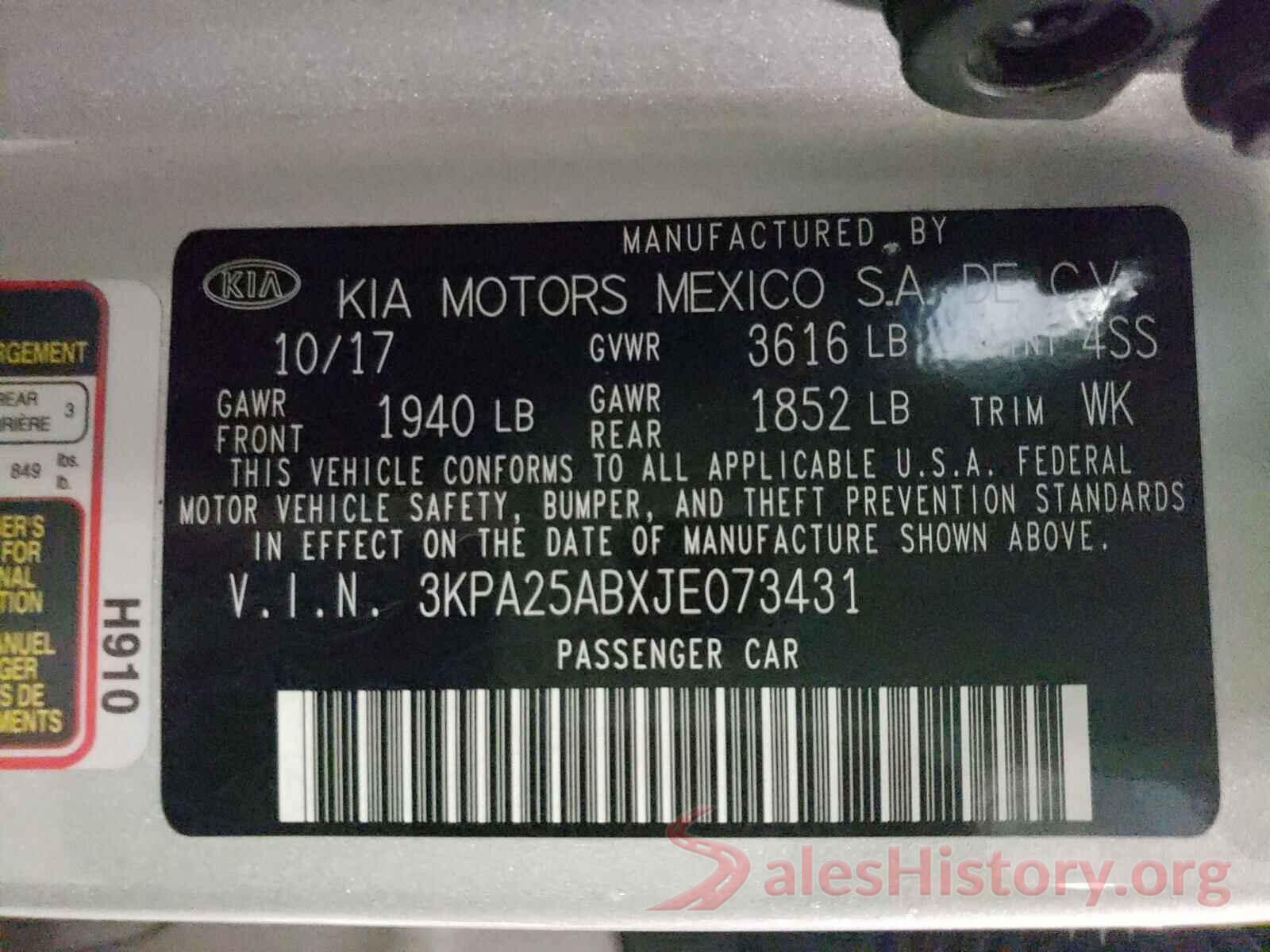 3KPA25ABXJE073431 2018 KIA RIO