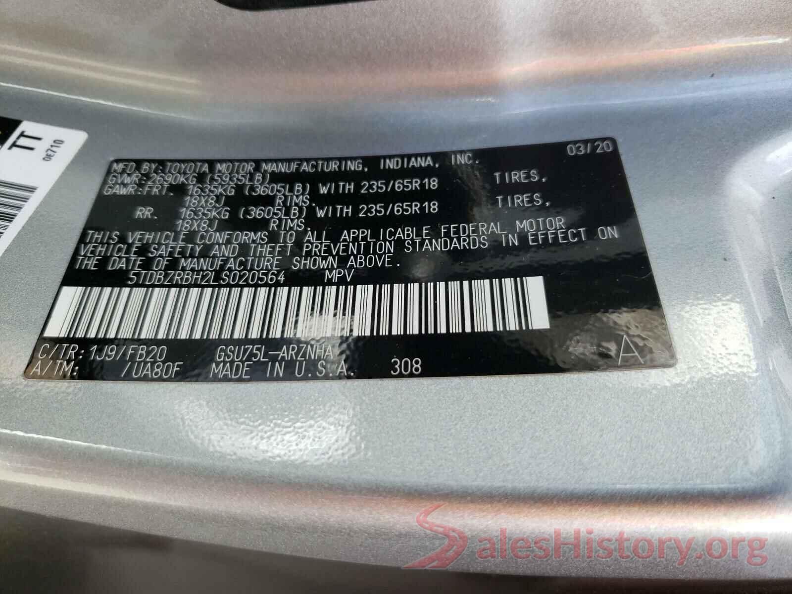 5TDBZRBH2LS020564 2020 TOYOTA HIGHLANDER