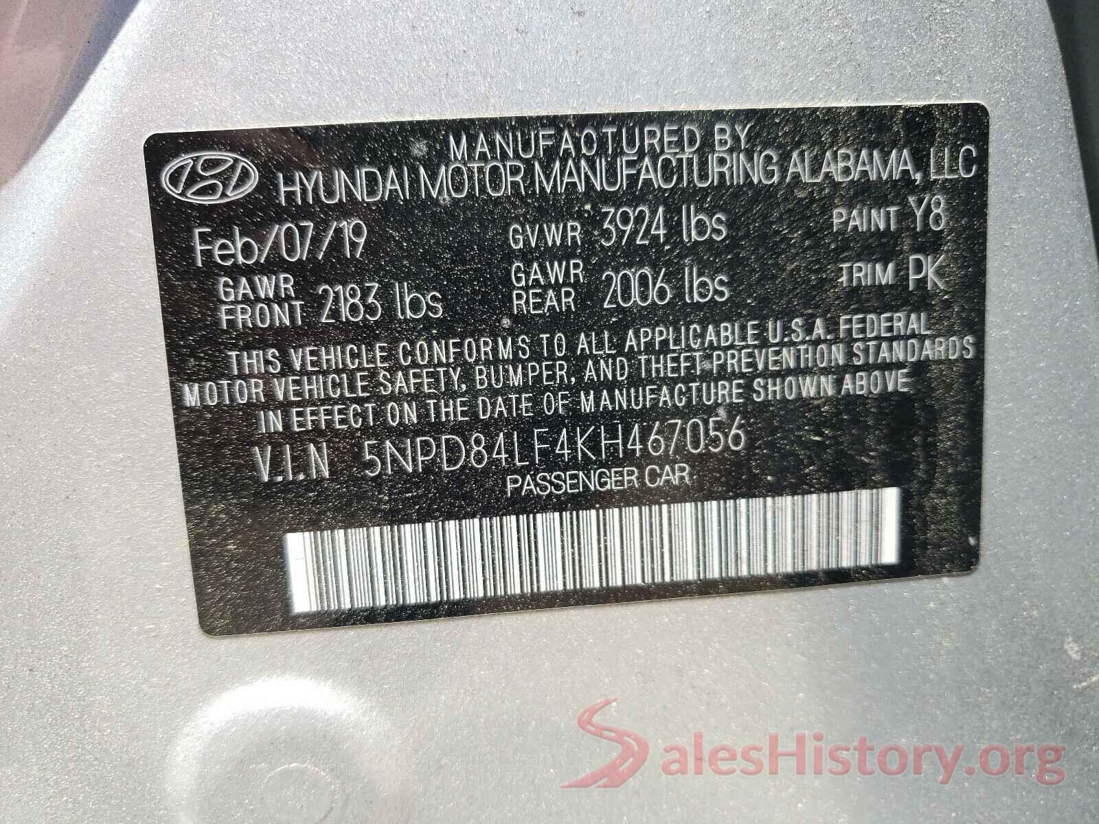 5NPD84LF4KH467056 2019 HYUNDAI ELANTRA