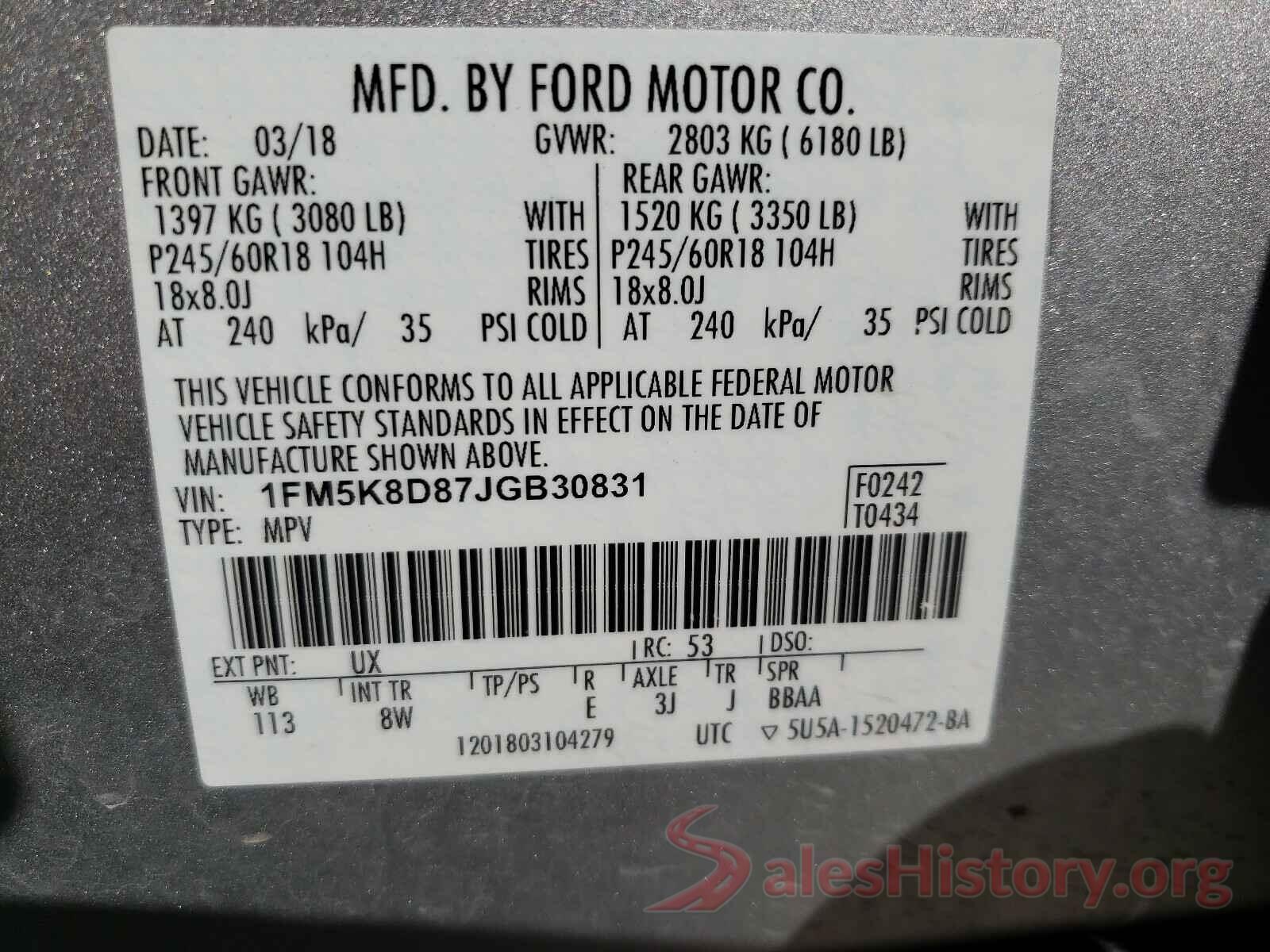 1FM5K8D87JGB30831 2018 FORD EXPLORER