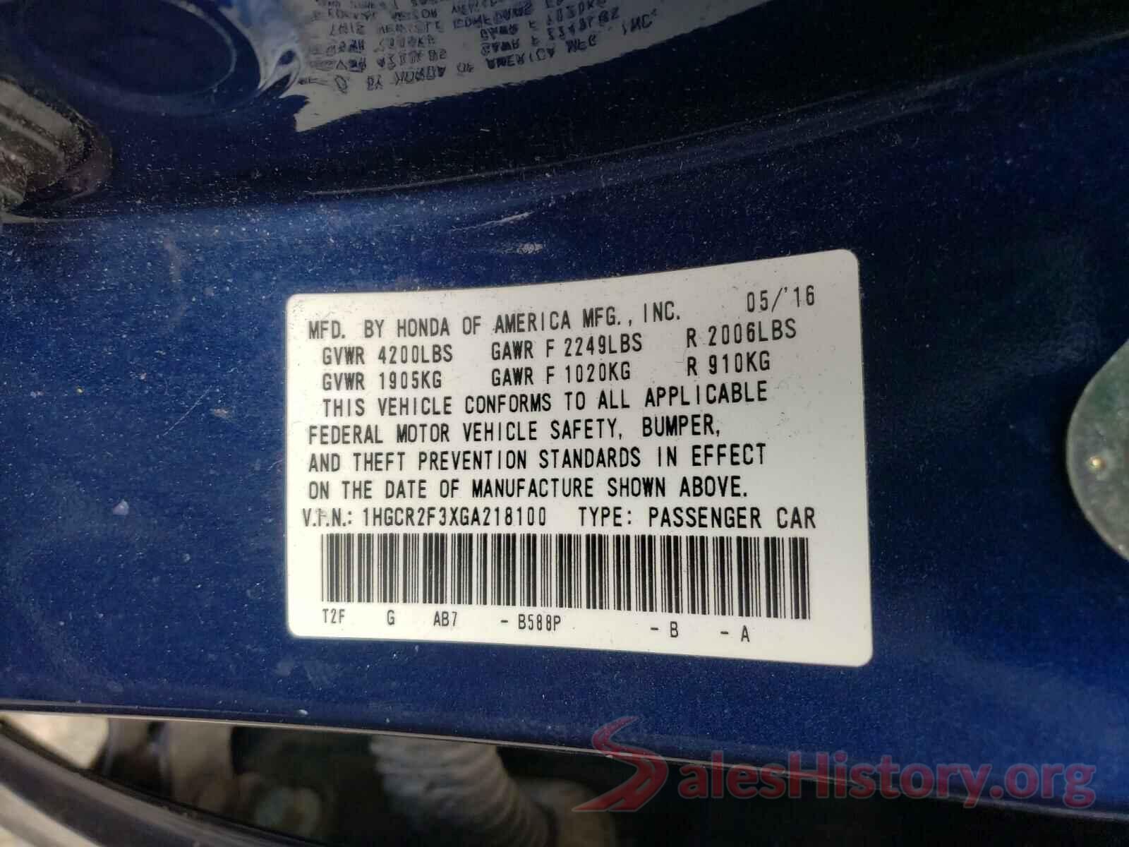 1HGCR2F3XGA218100 2016 HONDA ACCORD