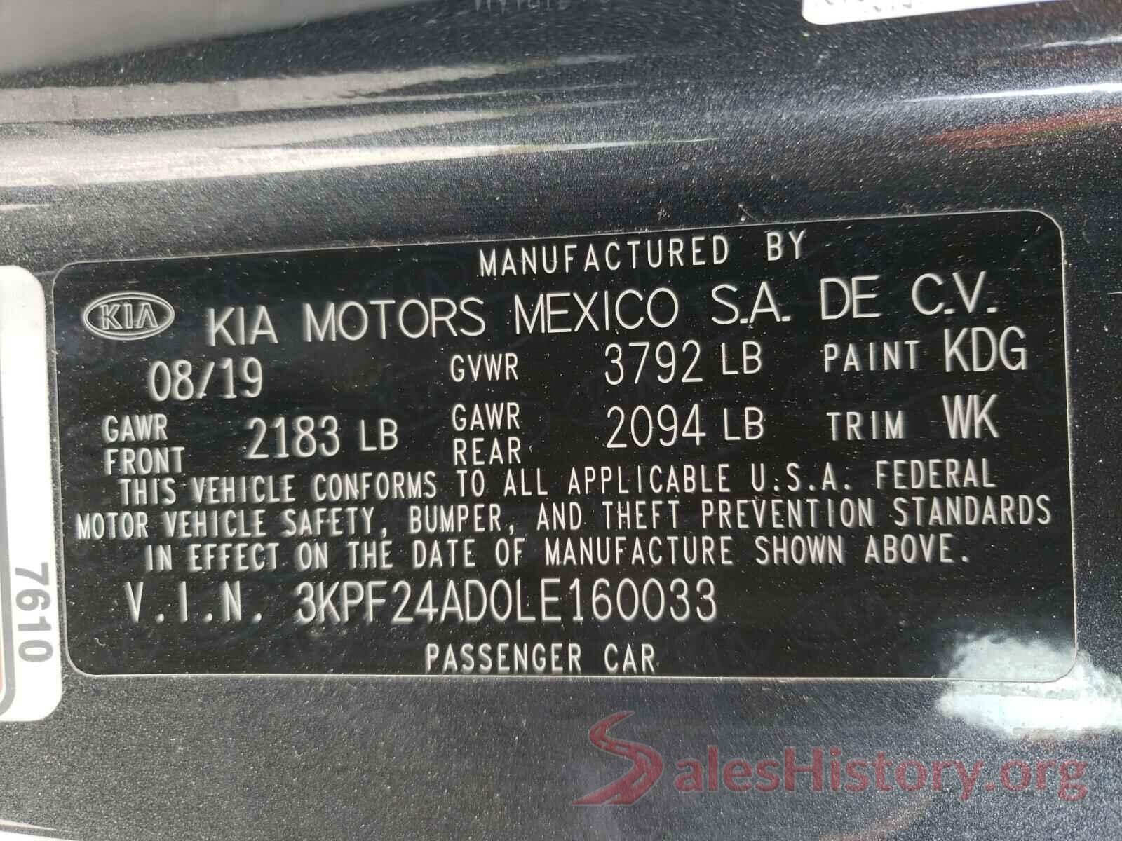 3KPF24AD0LE160033 2020 KIA FORTE