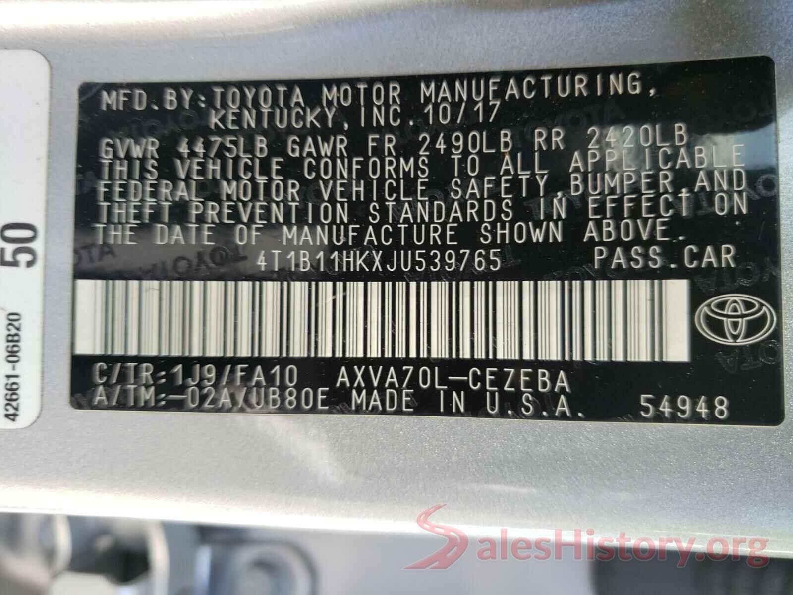 4T1B11HKXJU539765 2018 TOYOTA CAMRY