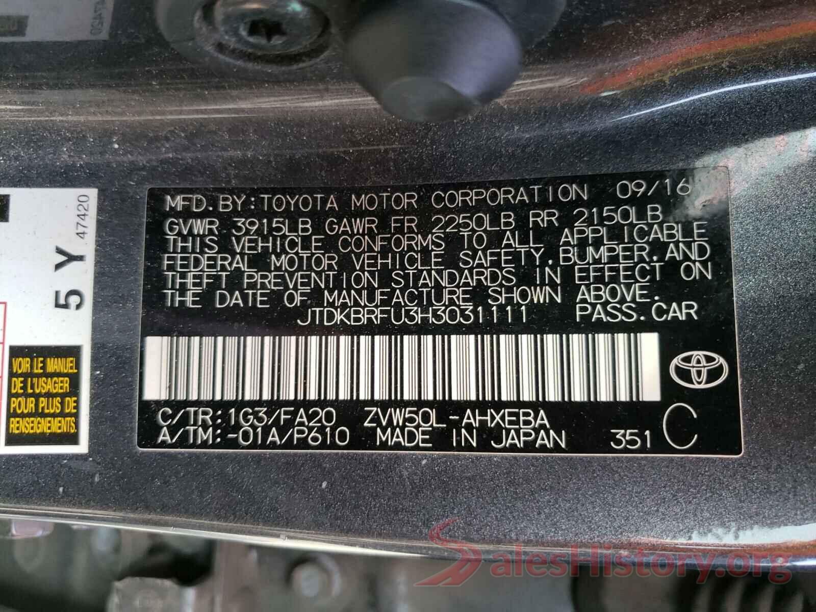 JTDKBRFU3H3031111 2017 TOYOTA PRIUS