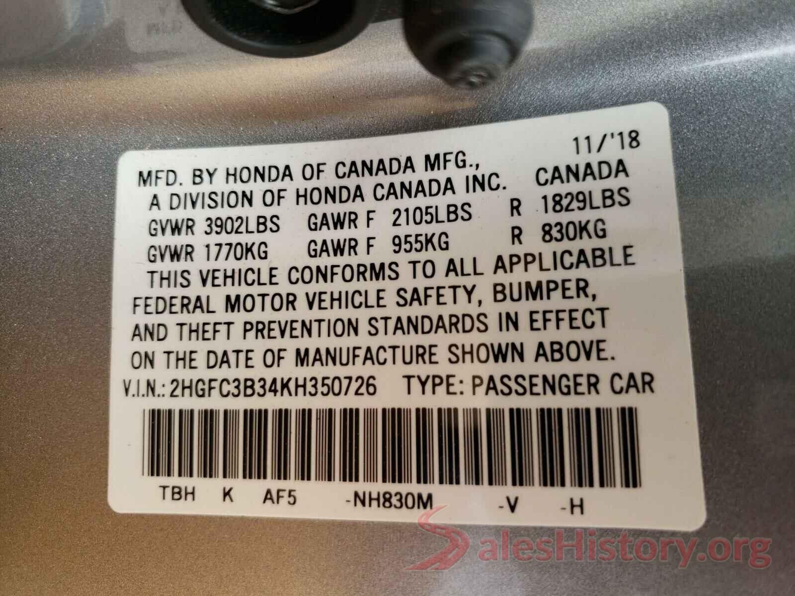 2HGFC3B34KH350726 2019 HONDA CIVIC