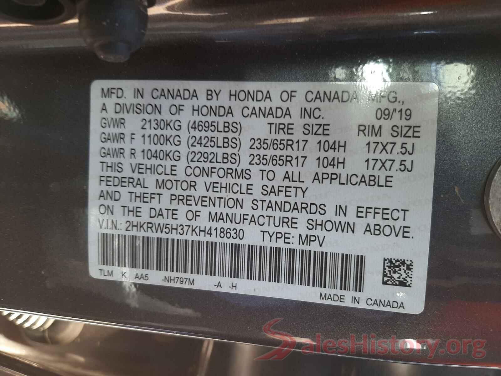 2HKRW5H37KH418630 2019 HONDA CRV