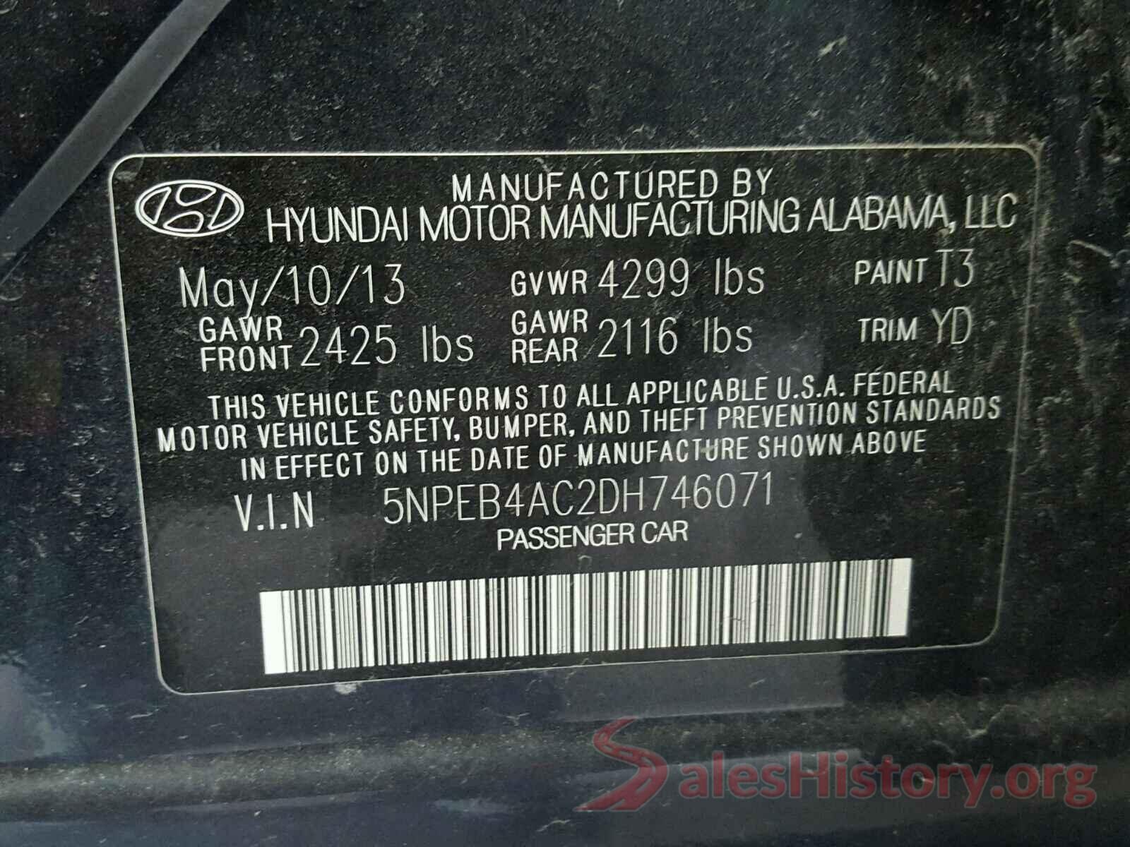 5NPEB4AC2DH746071 2013 HYUNDAI SONATA