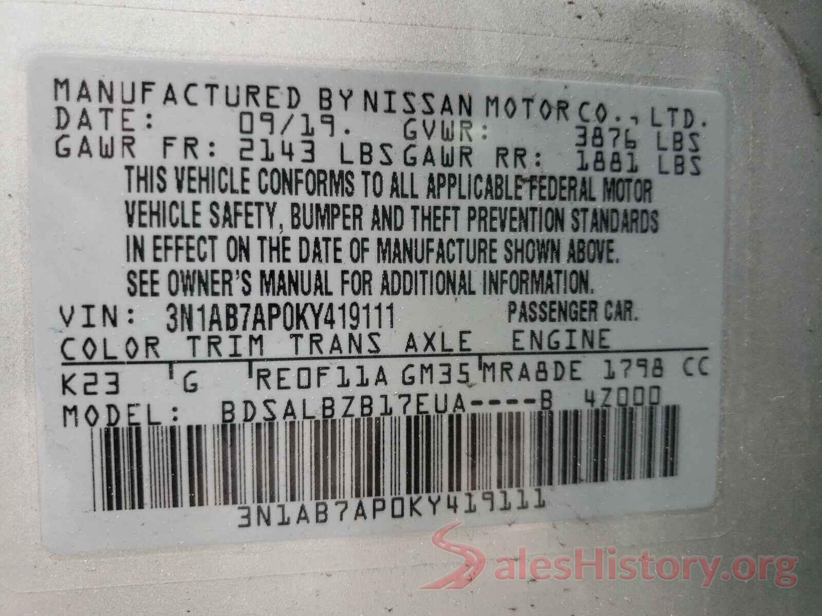 3N1AB7AP0KY419111 2019 NISSAN SENTRA