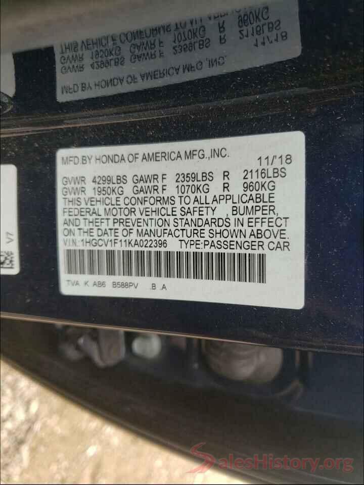 1HGCV1F11KA022396 2019 HONDA ACCORD