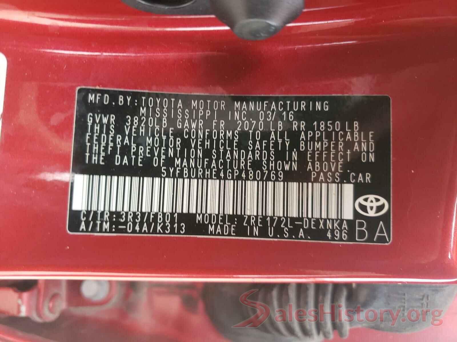 5YFBURHE4GP480769 2016 TOYOTA COROLLA