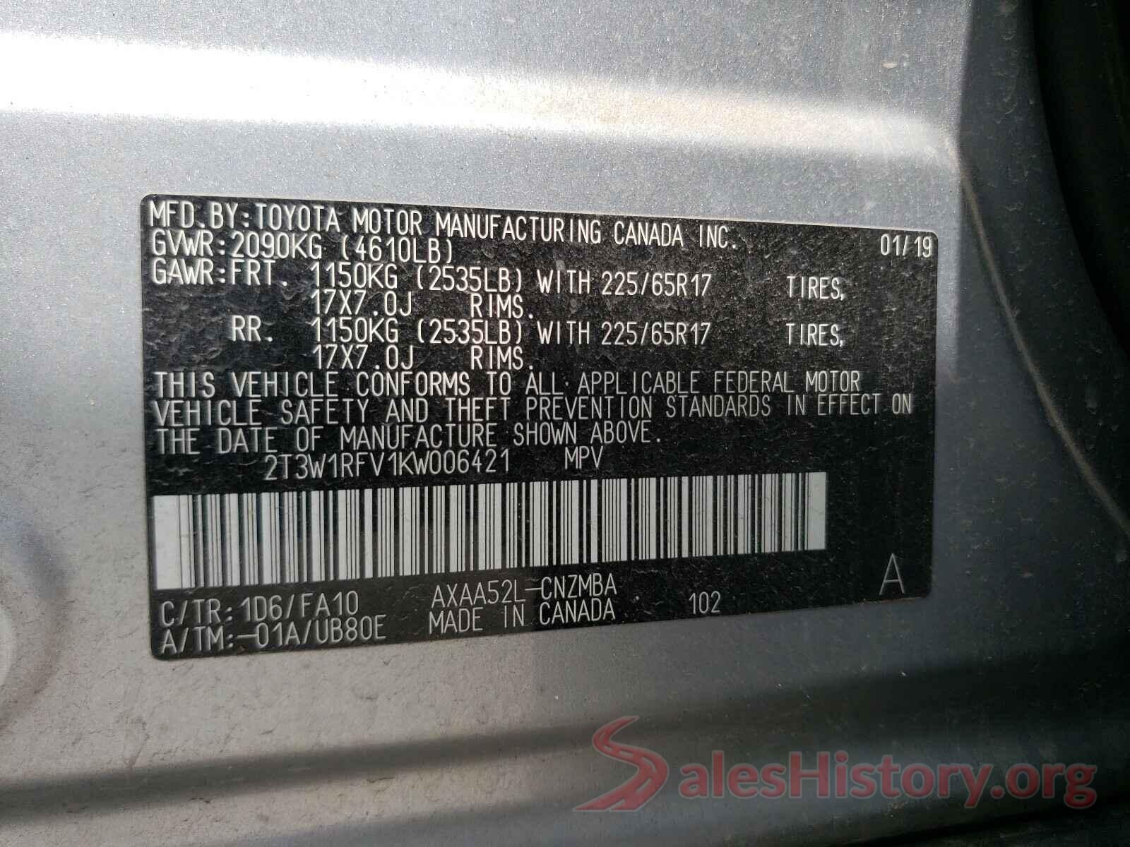 2T3W1RFV1KW006421 2019 TOYOTA RAV4