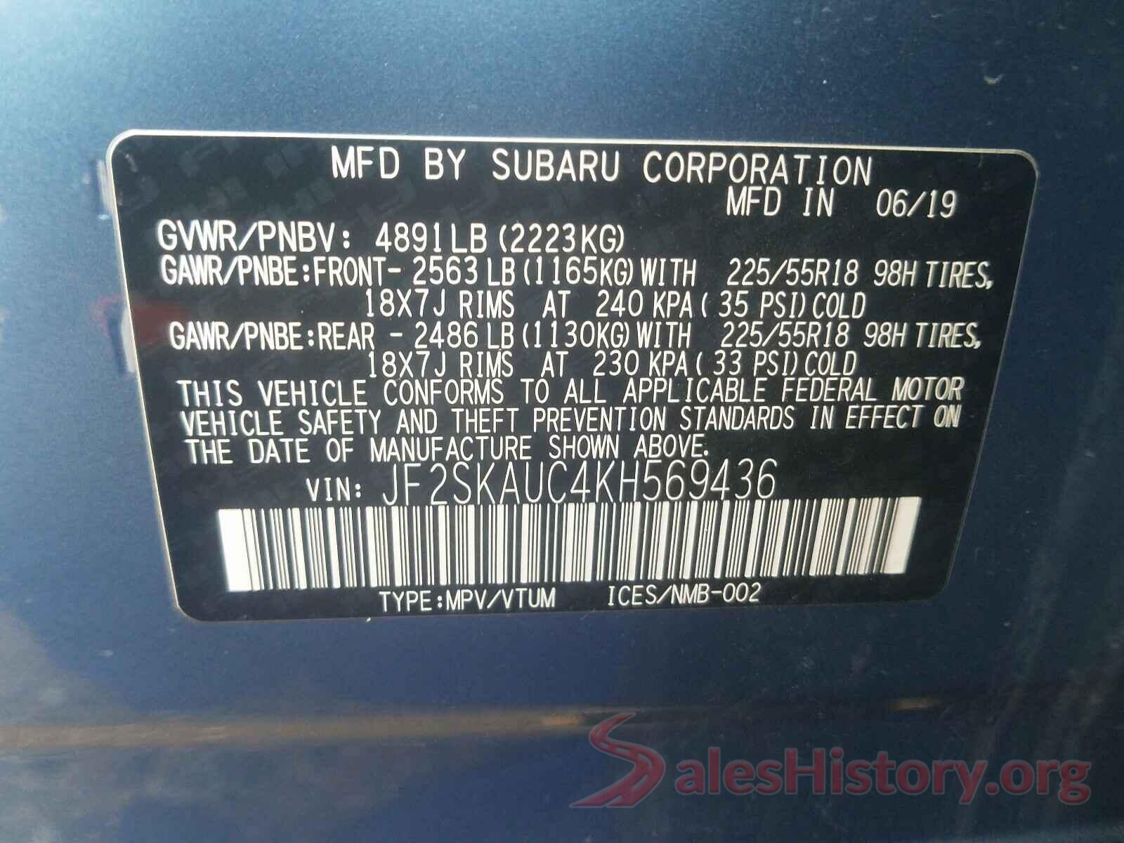 JF2SKAUC4KH569436 2019 SUBARU FORESTER