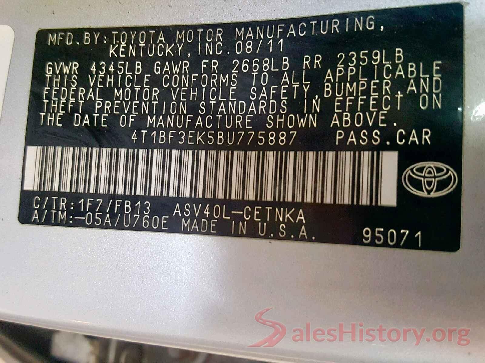 4T1BF3EK5BU775887 2011 TOYOTA CAMRY BASE