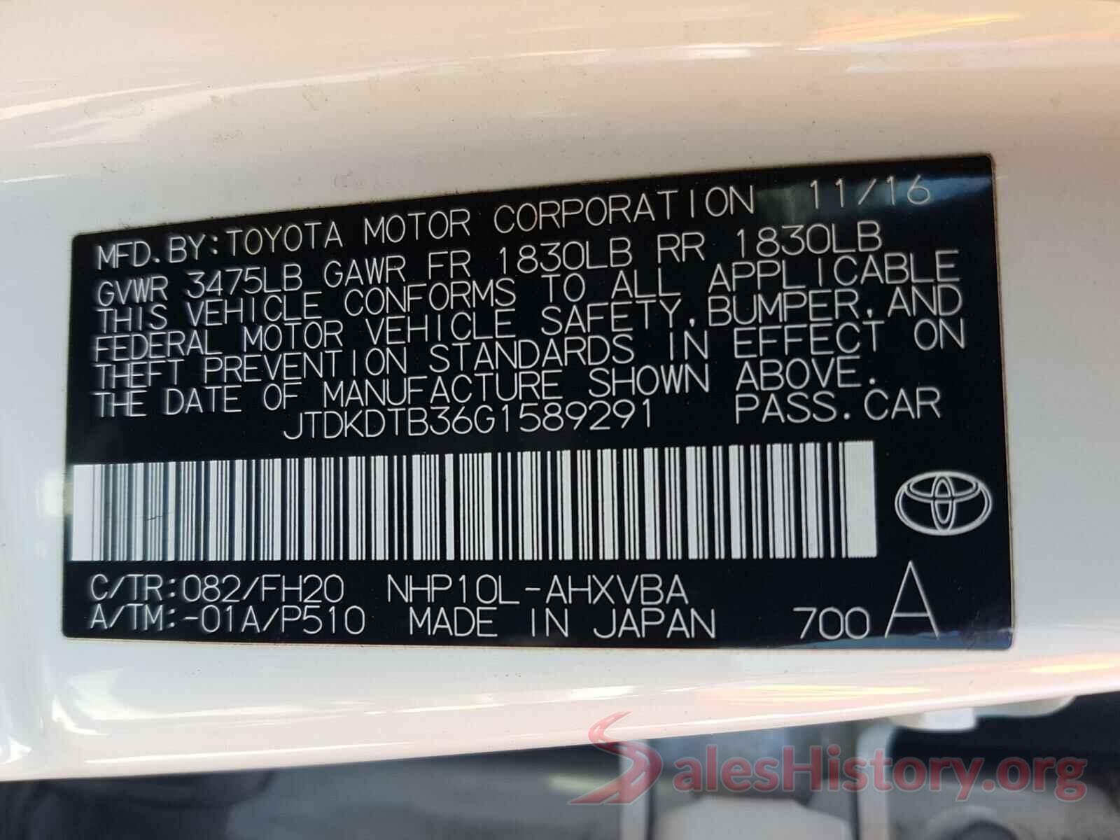 JTDKDTB36G1589291 2016 TOYOTA PRIUS