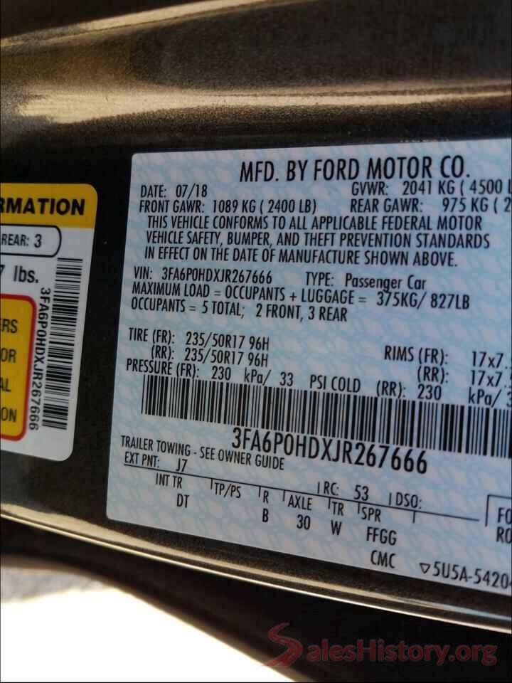 3FA6P0HDXJR267666 2018 FORD FUSION