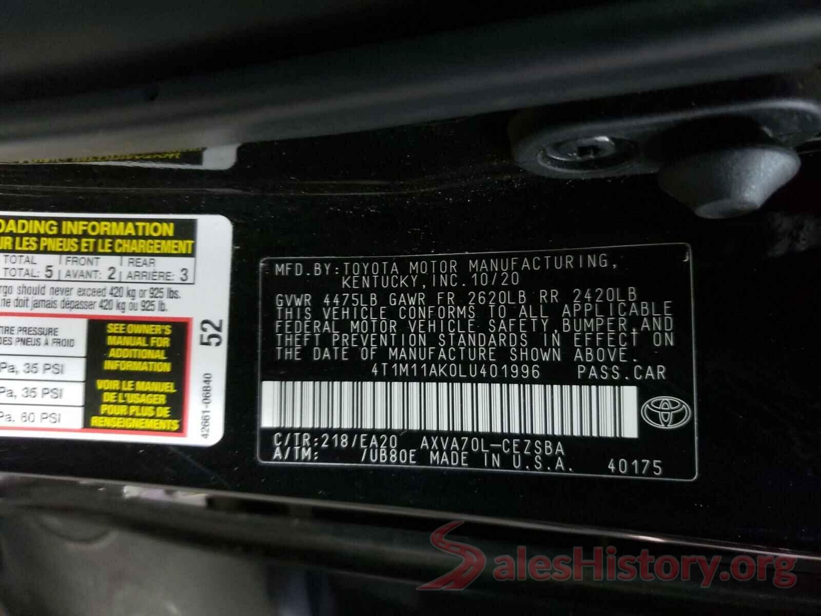 4T1M11AK0LU401996 2020 TOYOTA CAMRY