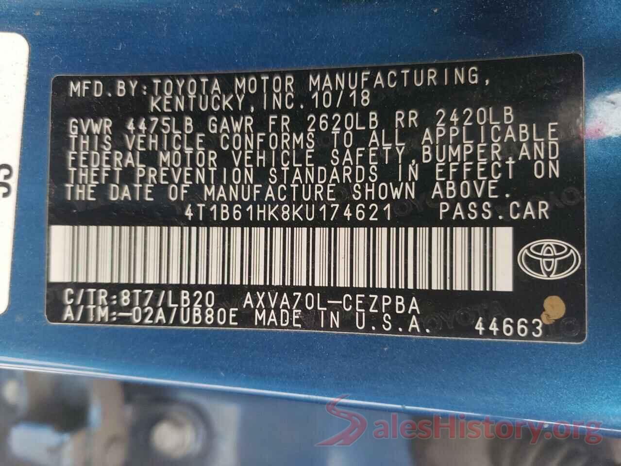 4T1B61HK8KU174621 2019 TOYOTA CAMRY