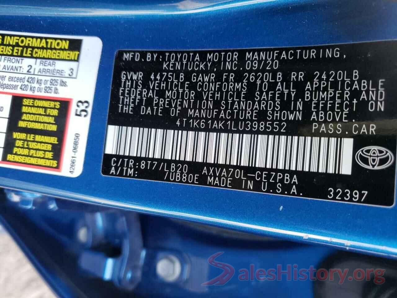 4T1K61AK1LU398552 2020 TOYOTA CAMRY