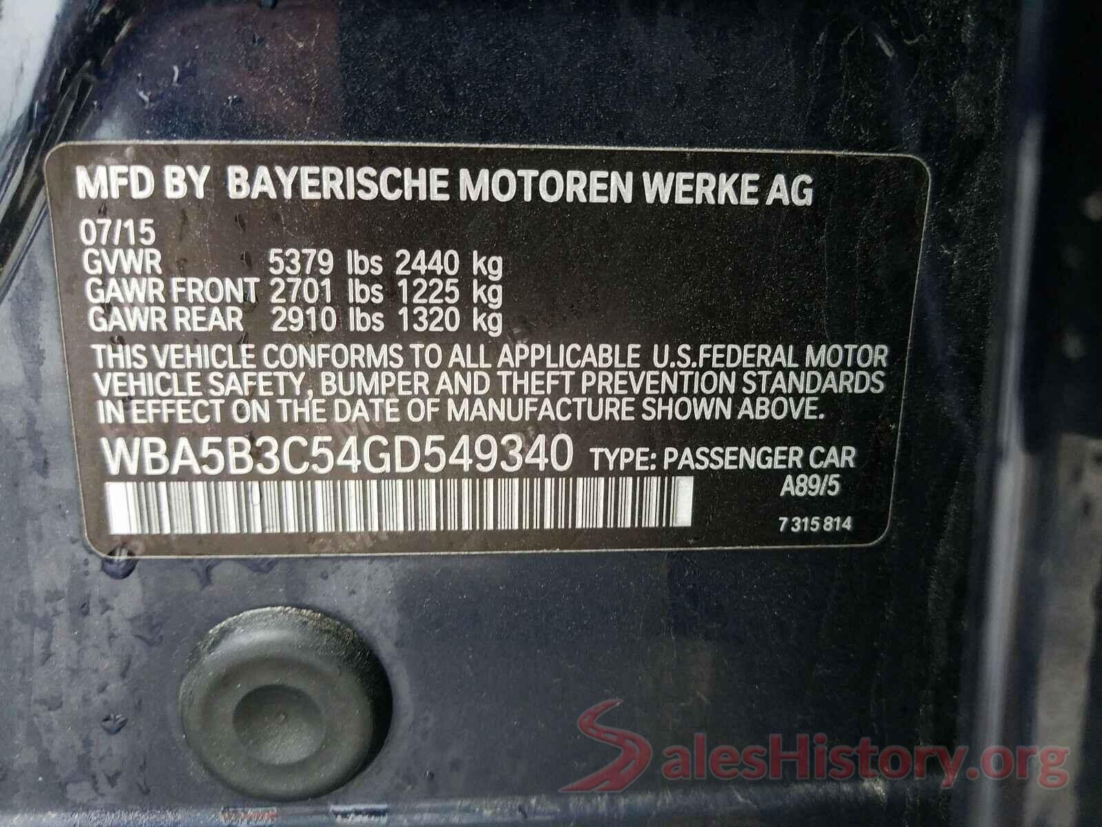 WBA5B3C54GD549340 2016 BMW 5 SERIES