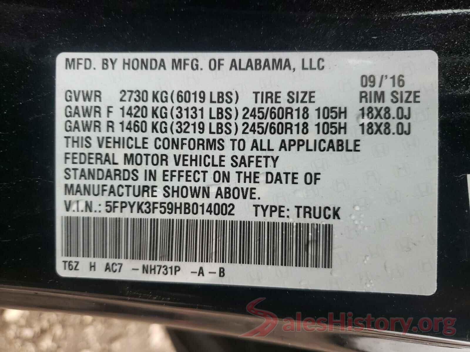 5FPYK3F59HB014002 2017 HONDA RIDGELINE