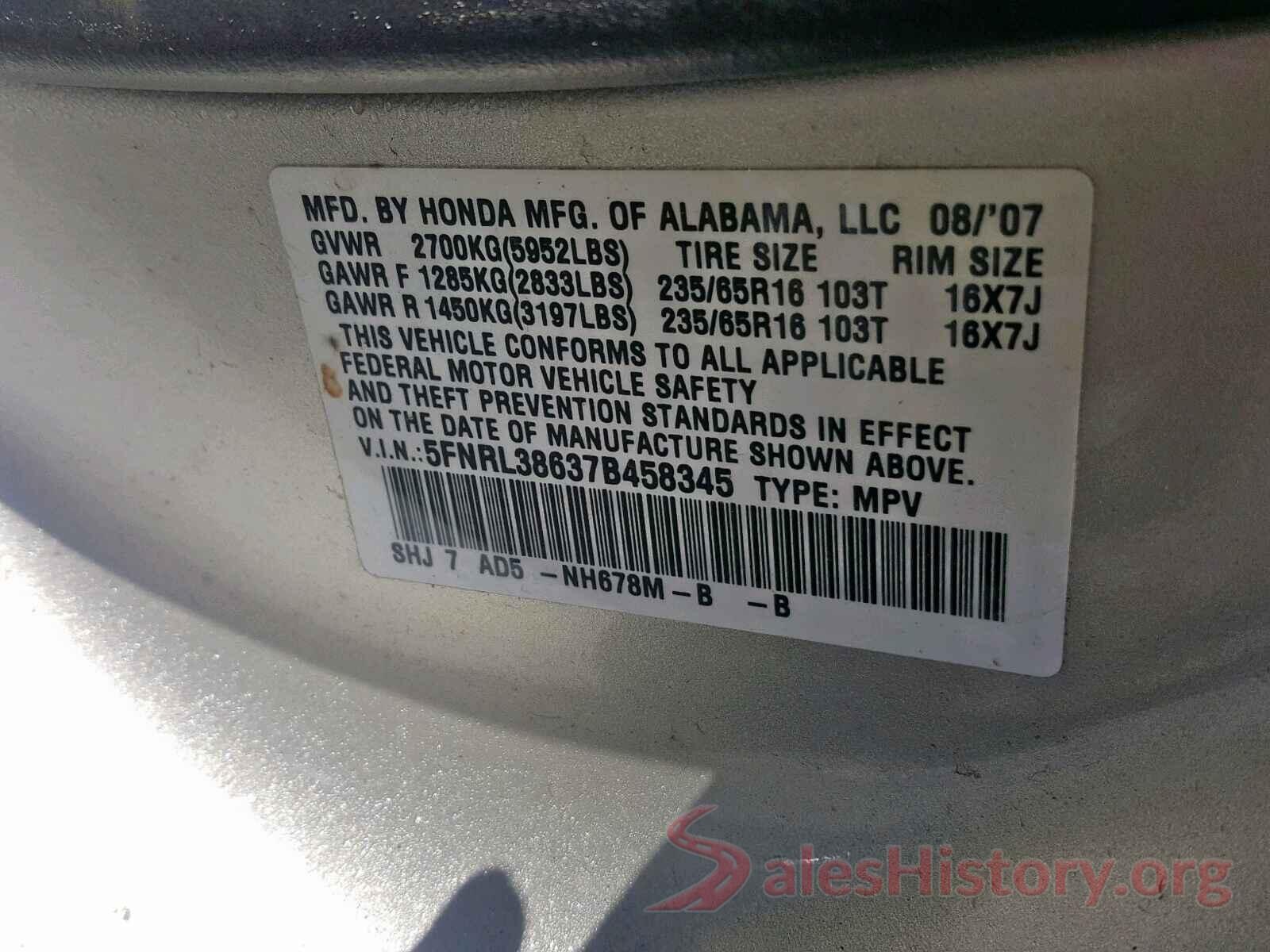 5FNRL38637B458345 2007 HONDA ODYSSEY EX