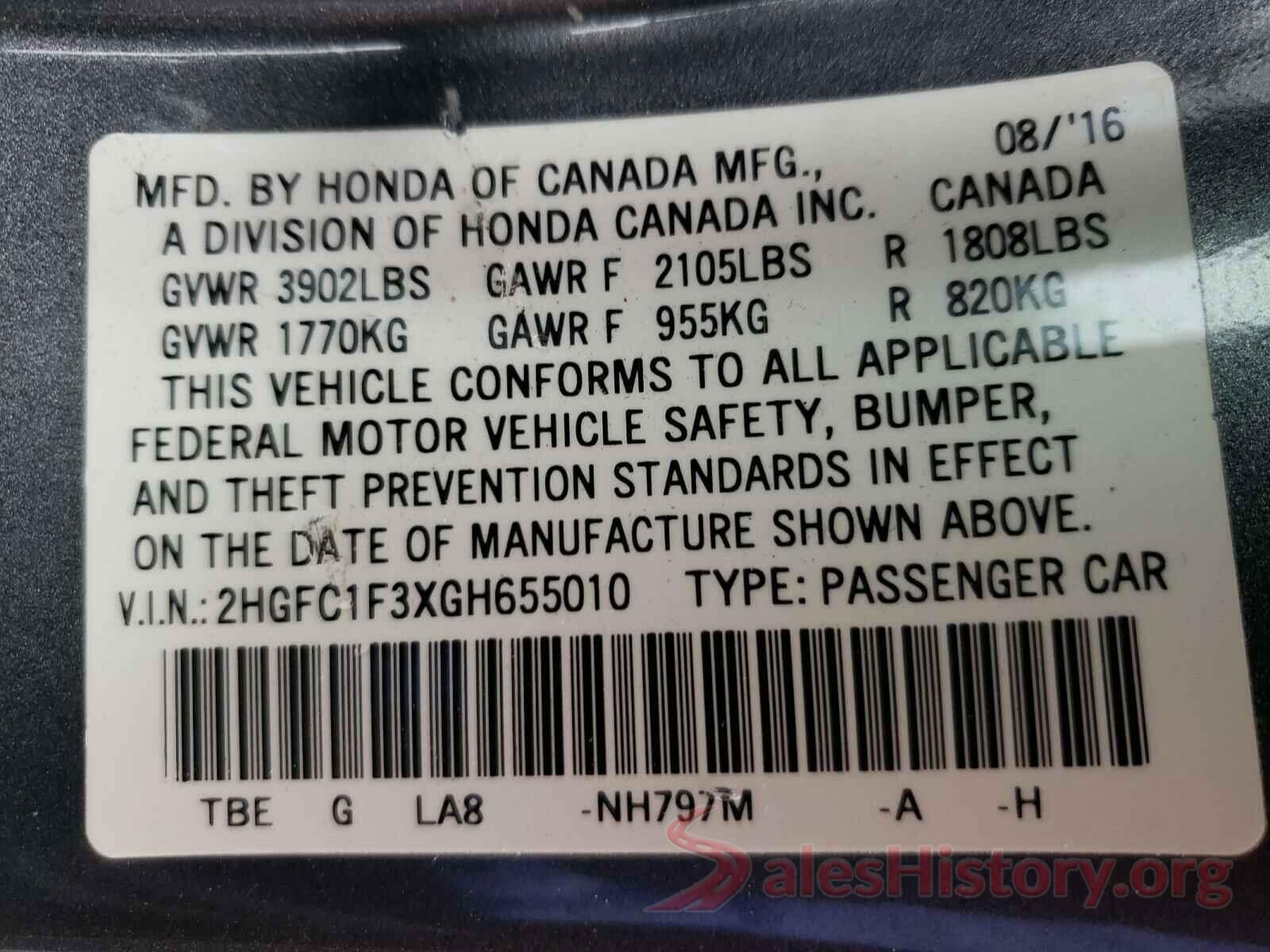 2HGFC1F3XGH655010 2016 HONDA CIVIC