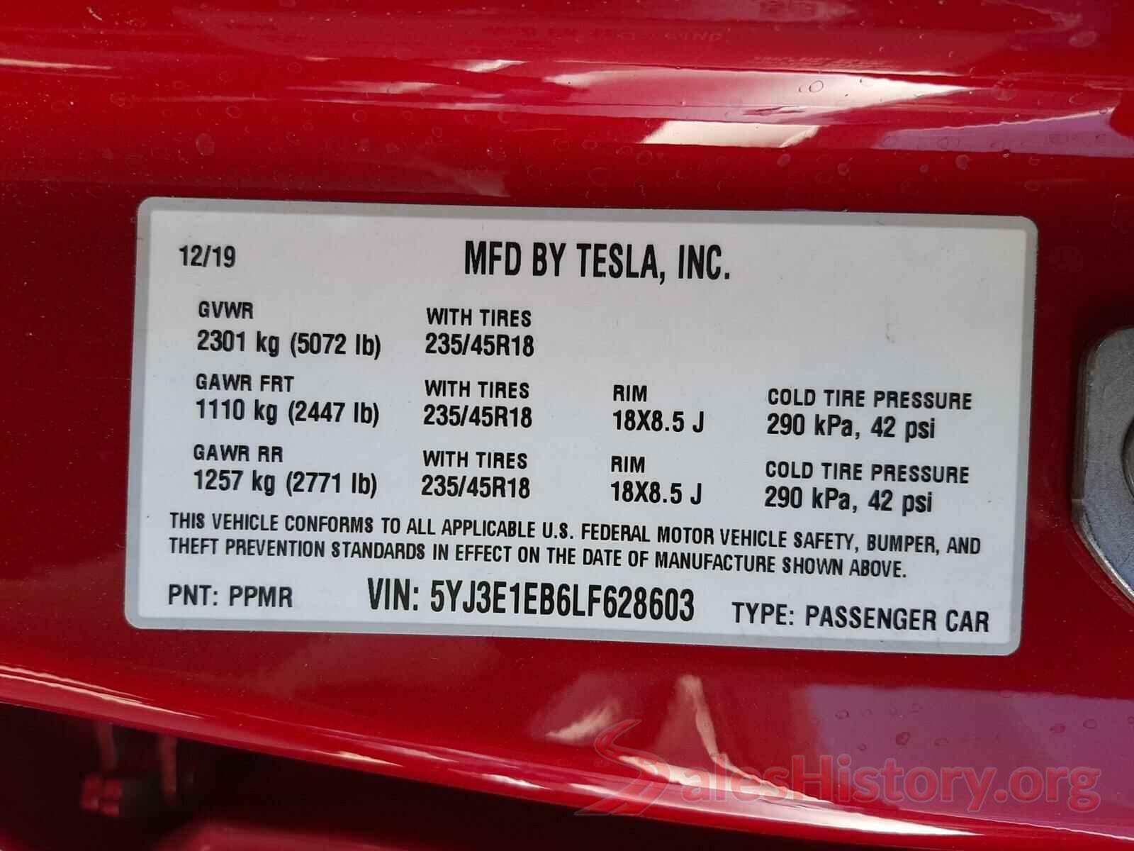 5YJ3E1EB6LF628603 2020 TESLA MODEL 3