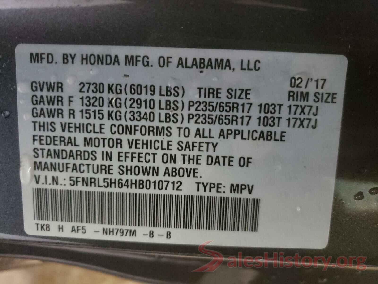 5FNRL5H64HB010712 2017 HONDA ODYSSEY