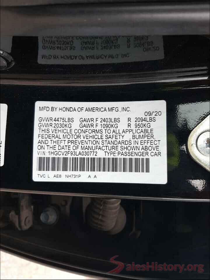 1HGCV2F93LA030772 2020 HONDA ACCORD