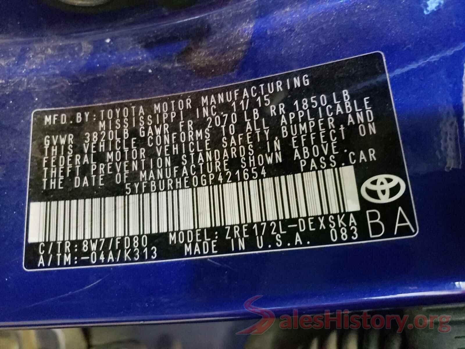 5YFBURHE0GP421654 2016 TOYOTA COROLLA