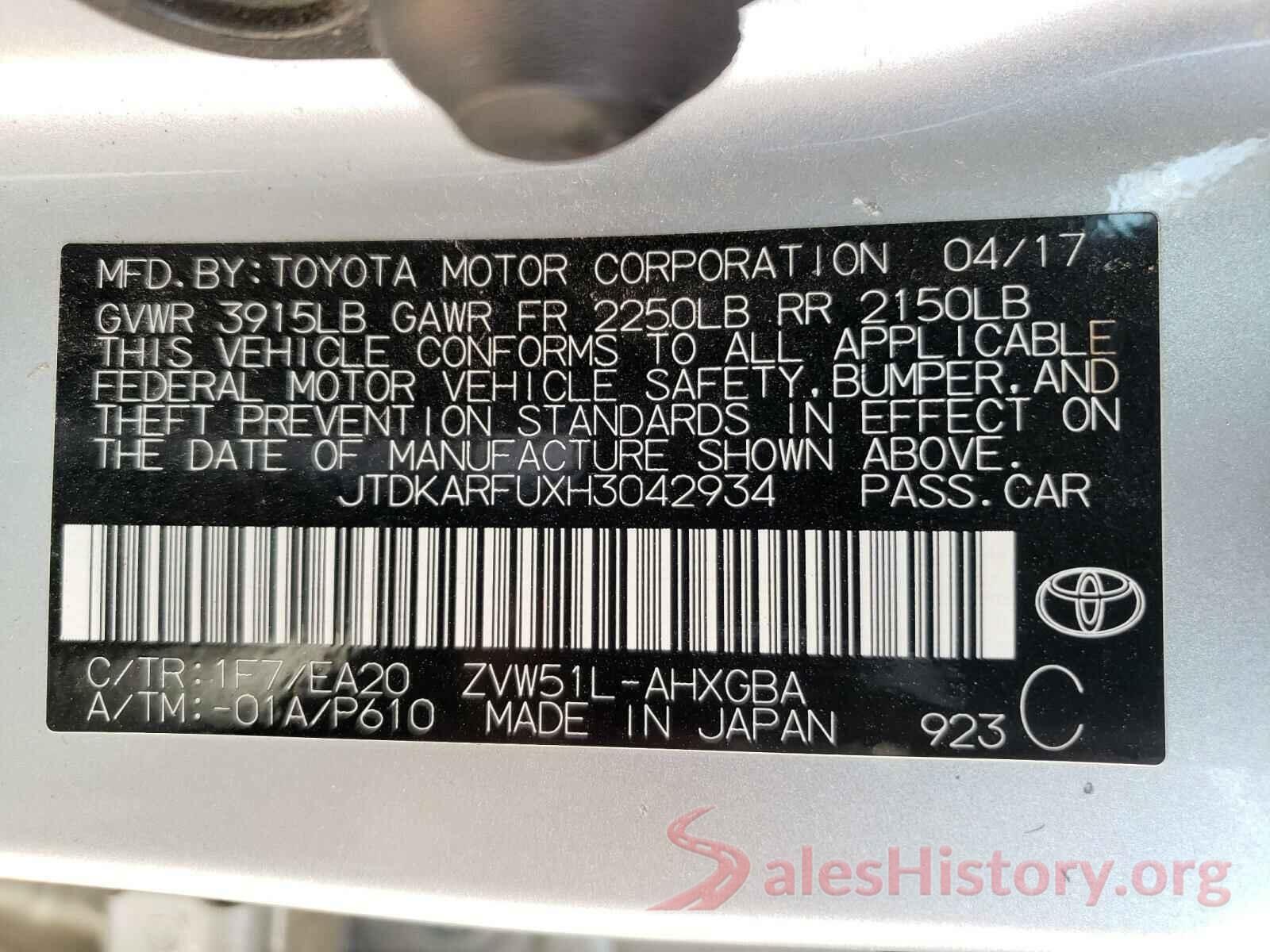 JTDKARFUXH3042934 2017 TOYOTA PRIUS