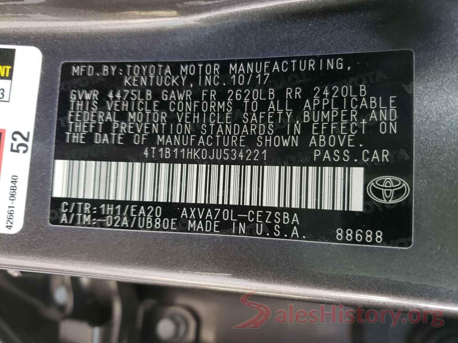 4T1B11HK0JU534221 2018 TOYOTA CAMRY