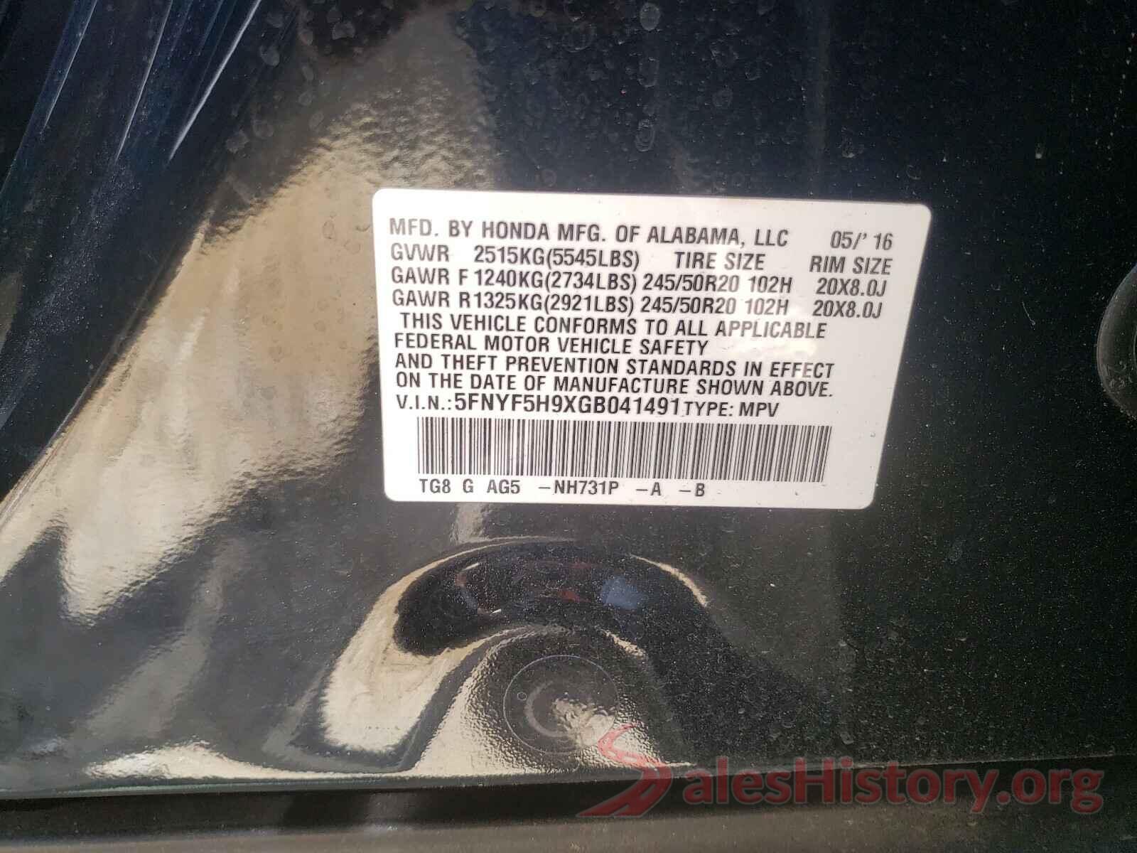 5FNYF5H9XGB041491 2016 HONDA PILOT