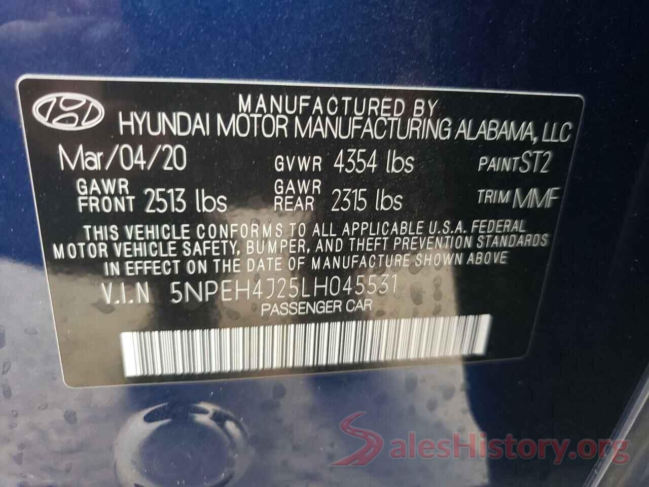 5NPEH4J25LH045531 2020 HYUNDAI SONATA