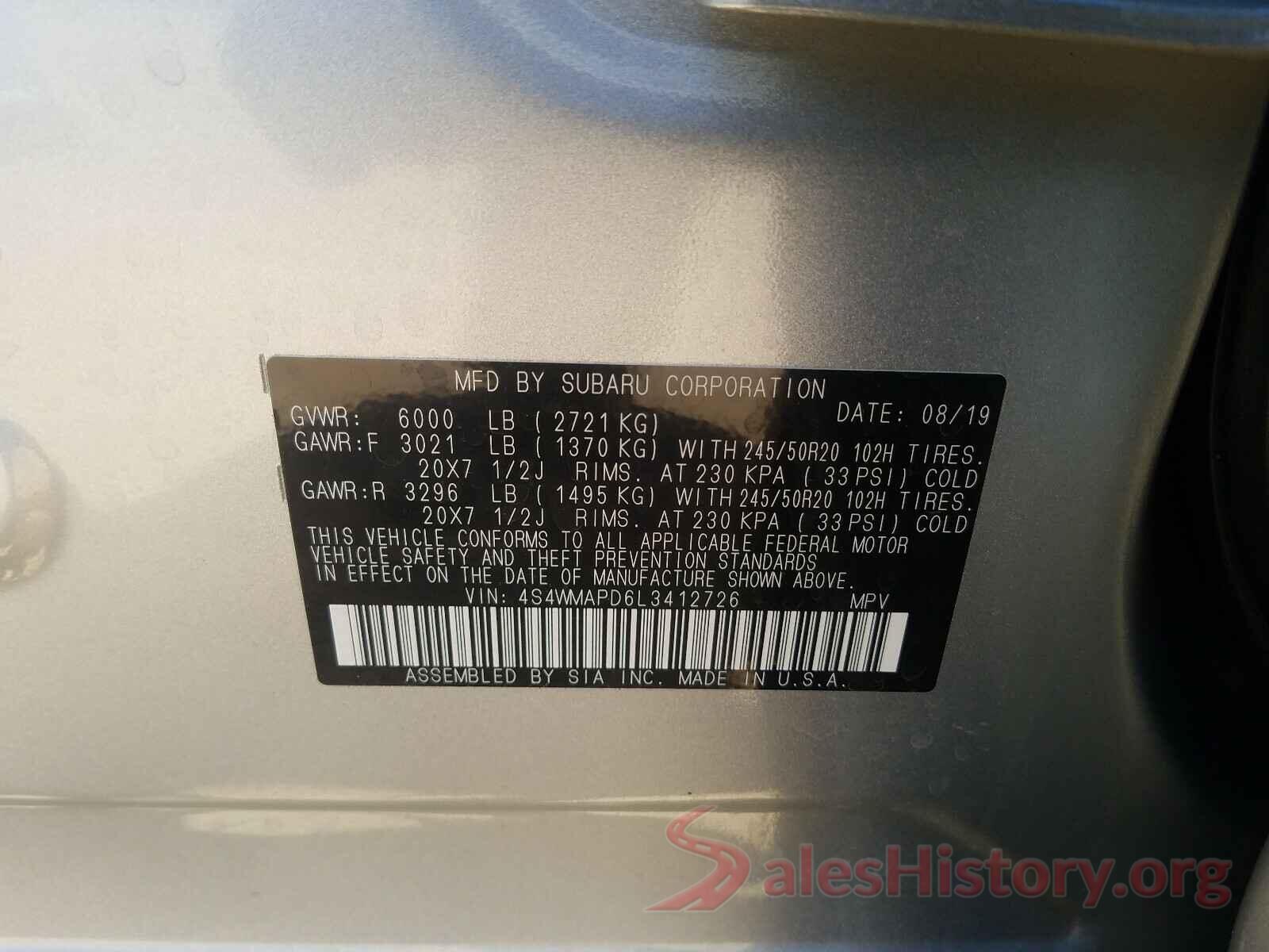 4S4WMAPD6L3412726 2020 SUBARU ASCENT