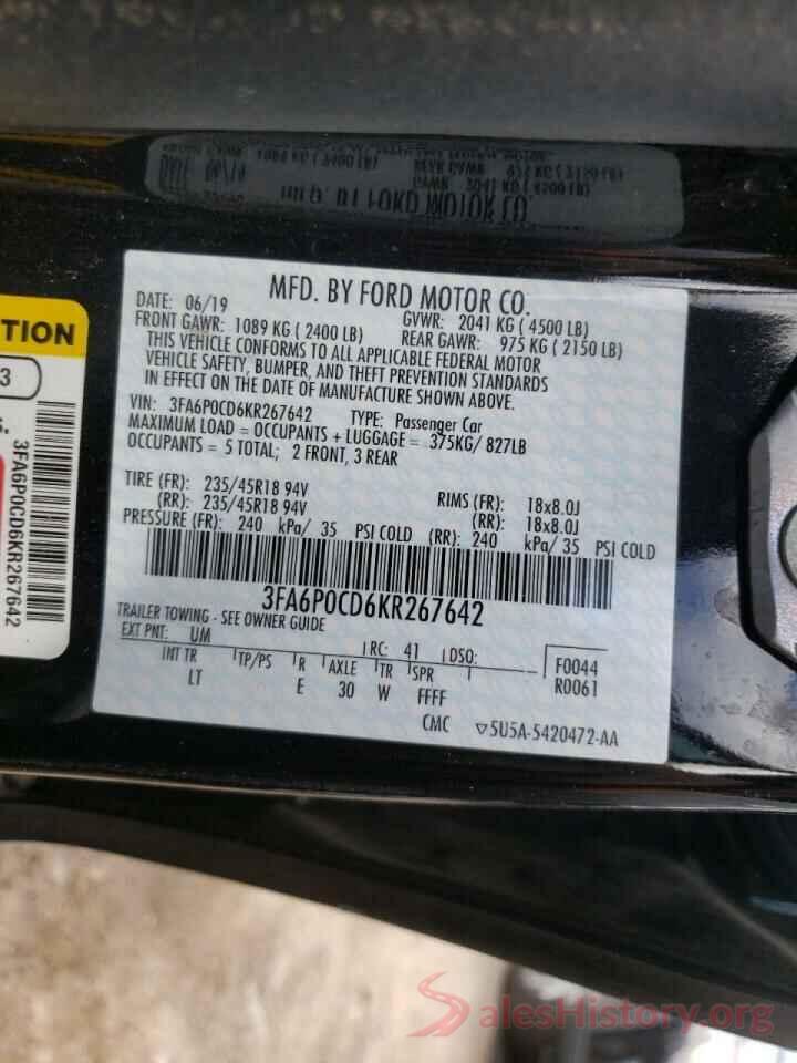 3FA6P0CD6KR267642 2019 FORD FUSION