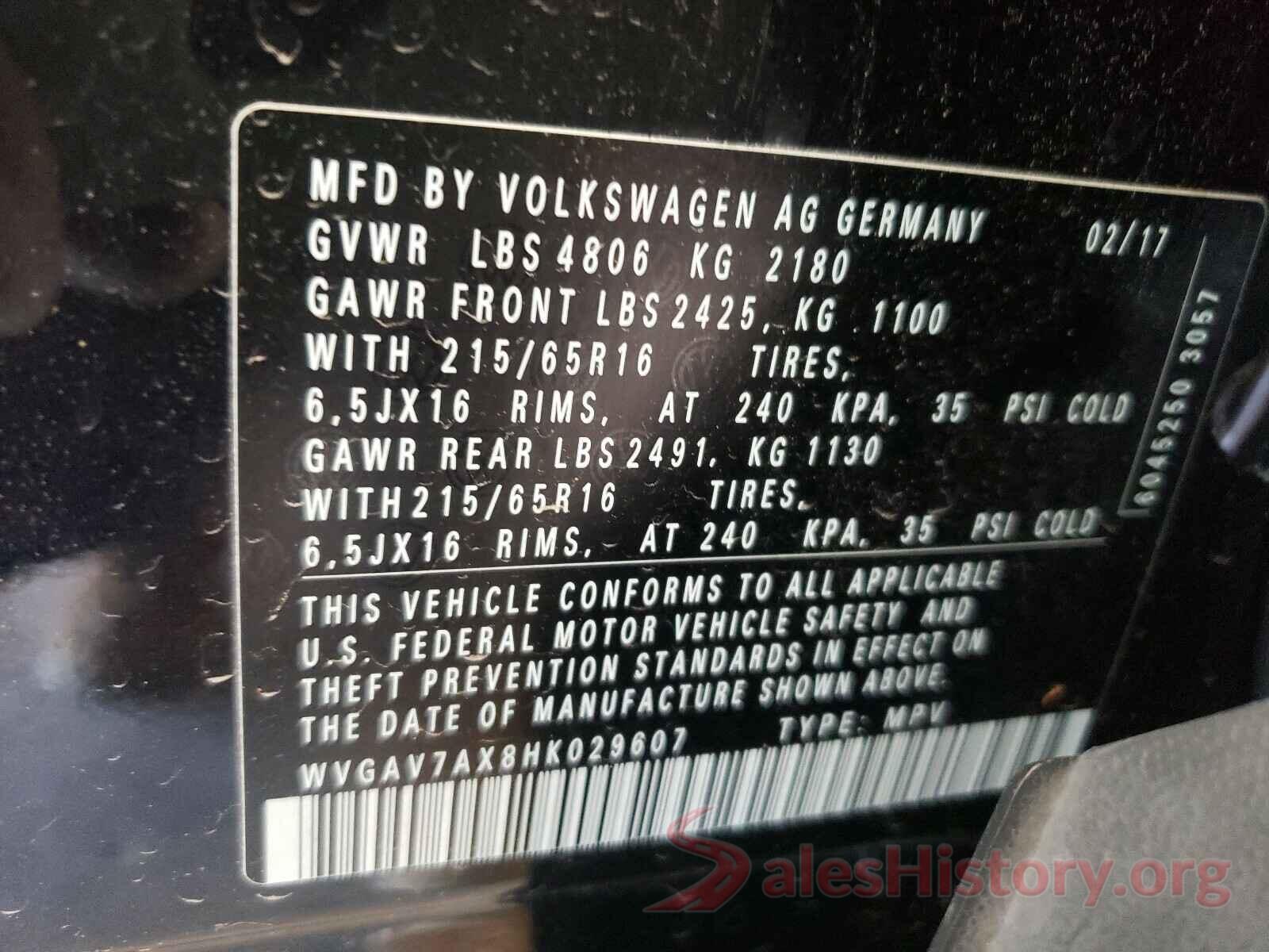 WVGAV7AX8HK029607 2017 VOLKSWAGEN TIGUAN