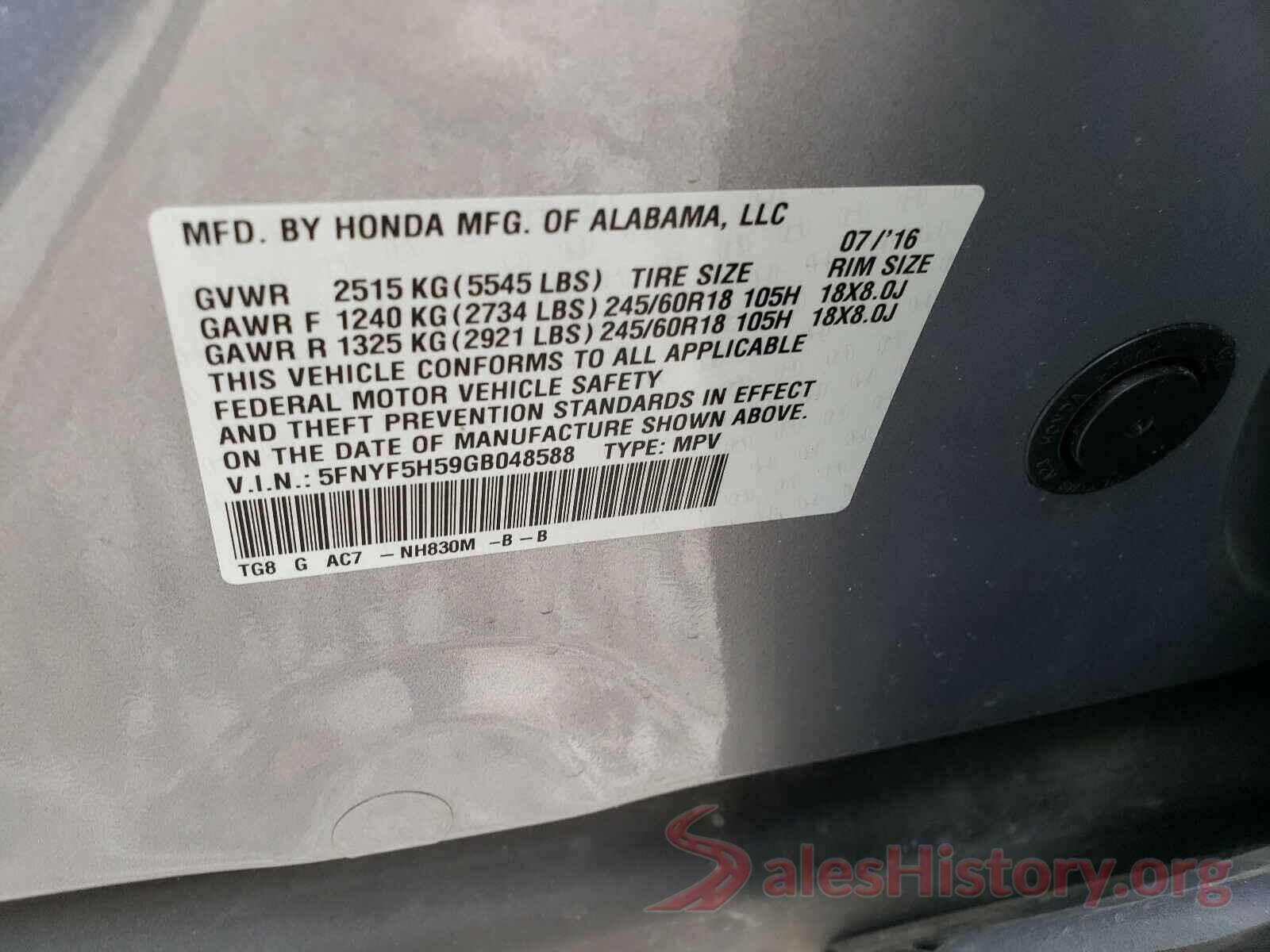 5FNYF5H59GB048588 2016 HONDA PILOT