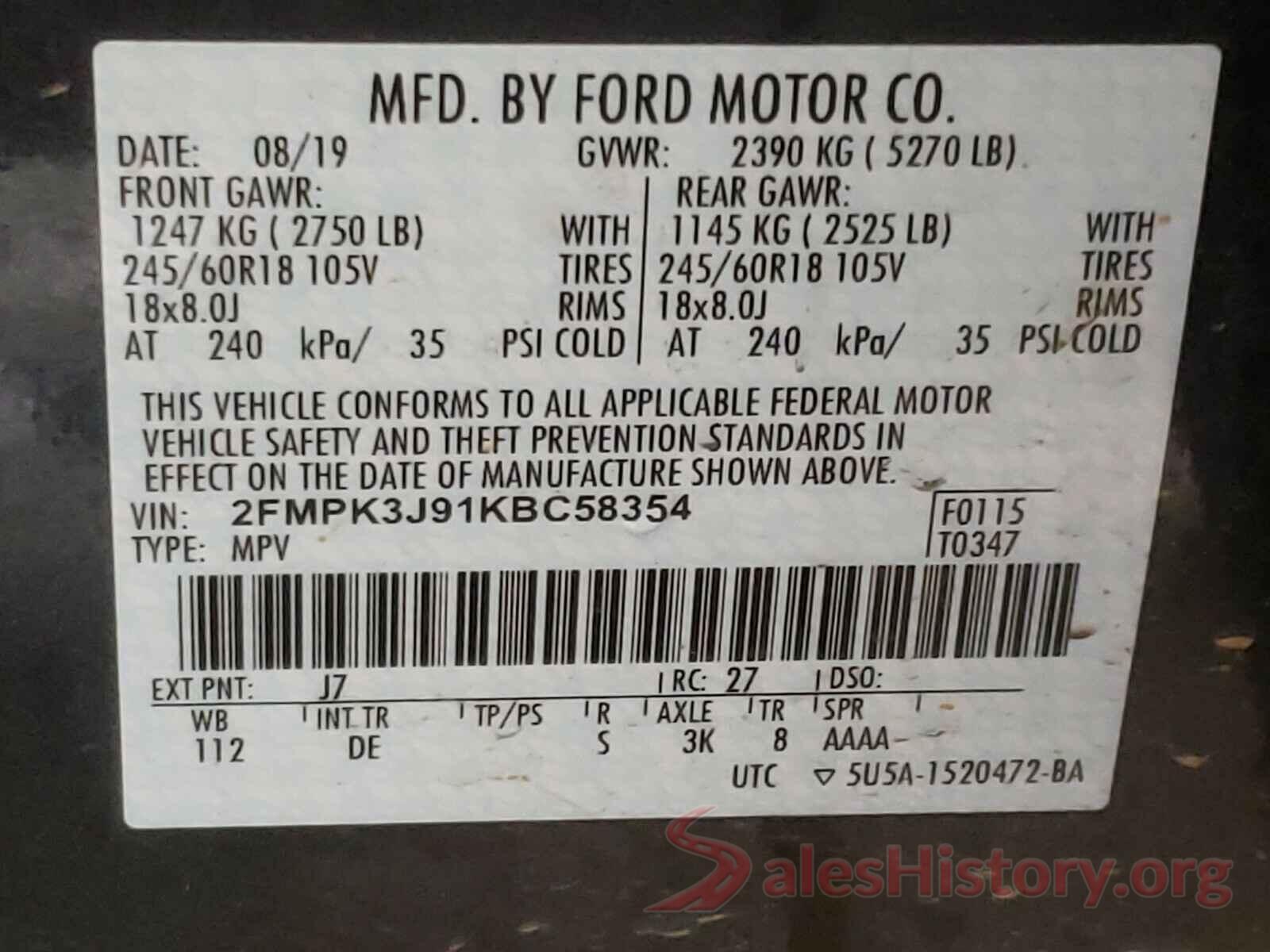 2FMPK3J91KBC58354 2019 FORD EDGE