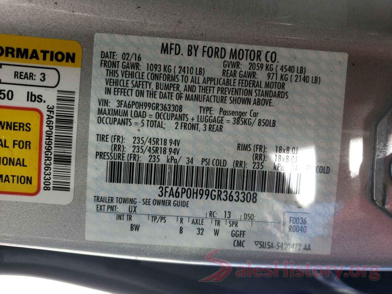 3FA6P0H99GR363308 2016 FORD FUSION