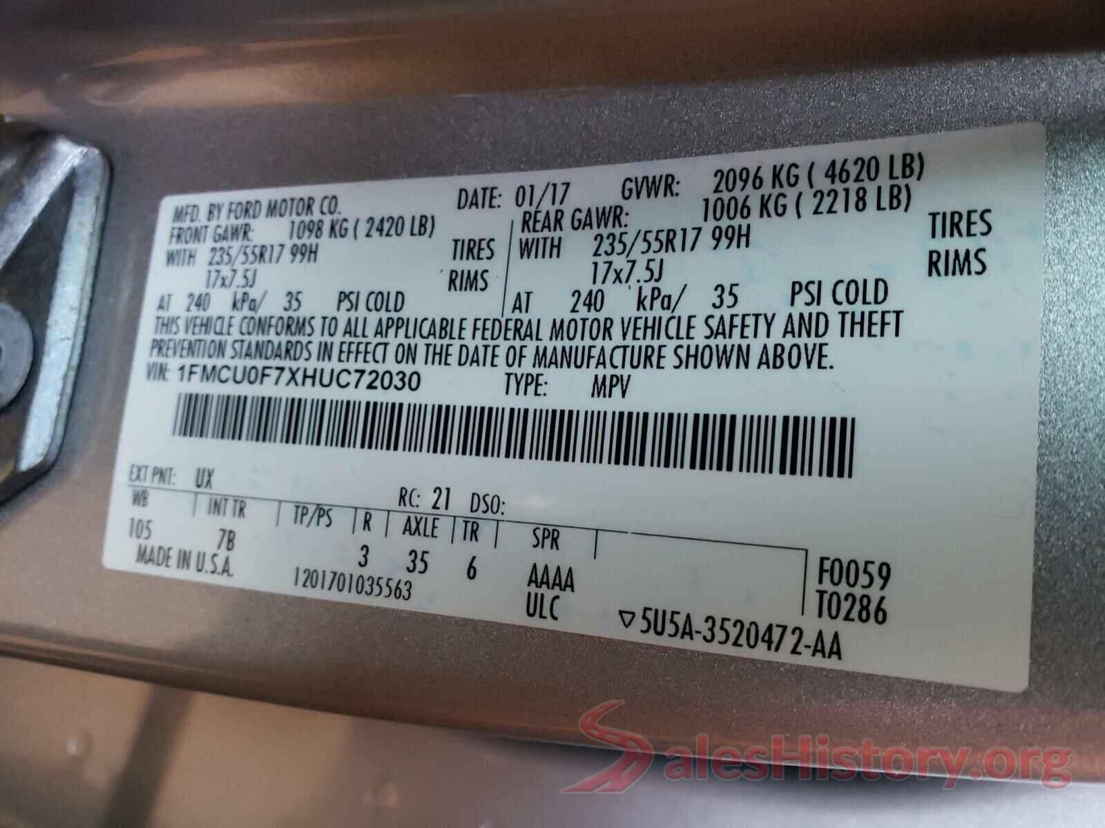 1FMCU0F7XHUC72030 2017 FORD ESCAPE