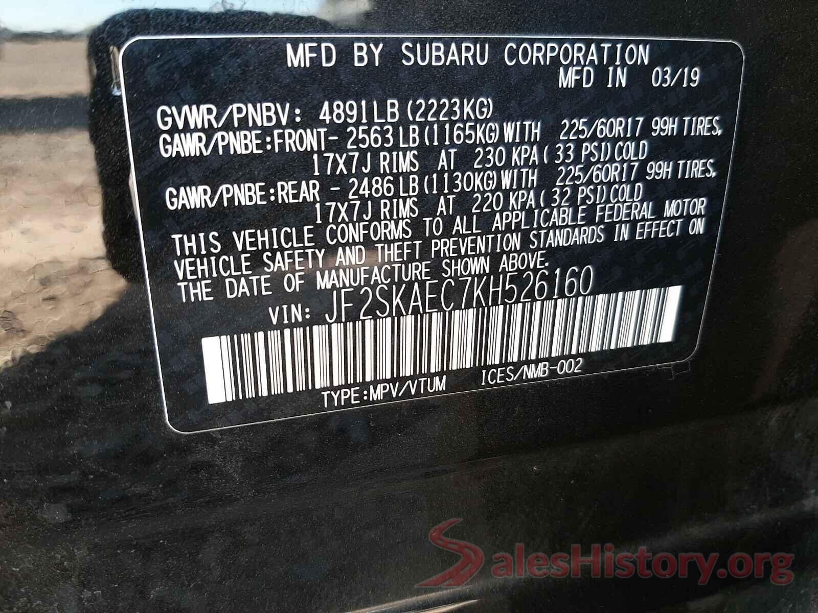 JF2SKAEC7KH526160 2019 SUBARU FORESTER