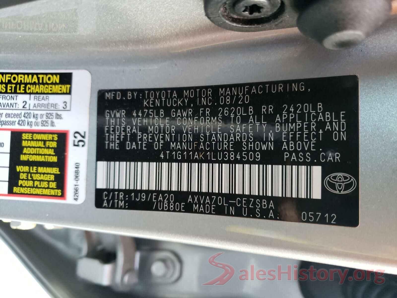 4T1G11AK1LU384509 2020 TOYOTA CAMRY