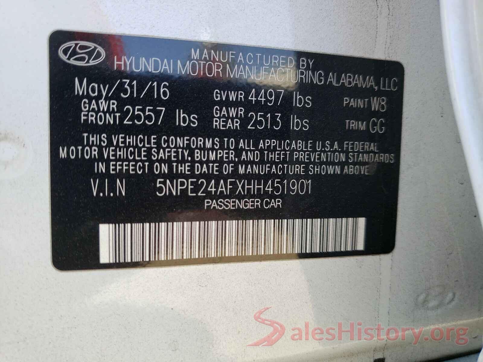 5NPE24AFXHH451901 2017 HYUNDAI SONATA