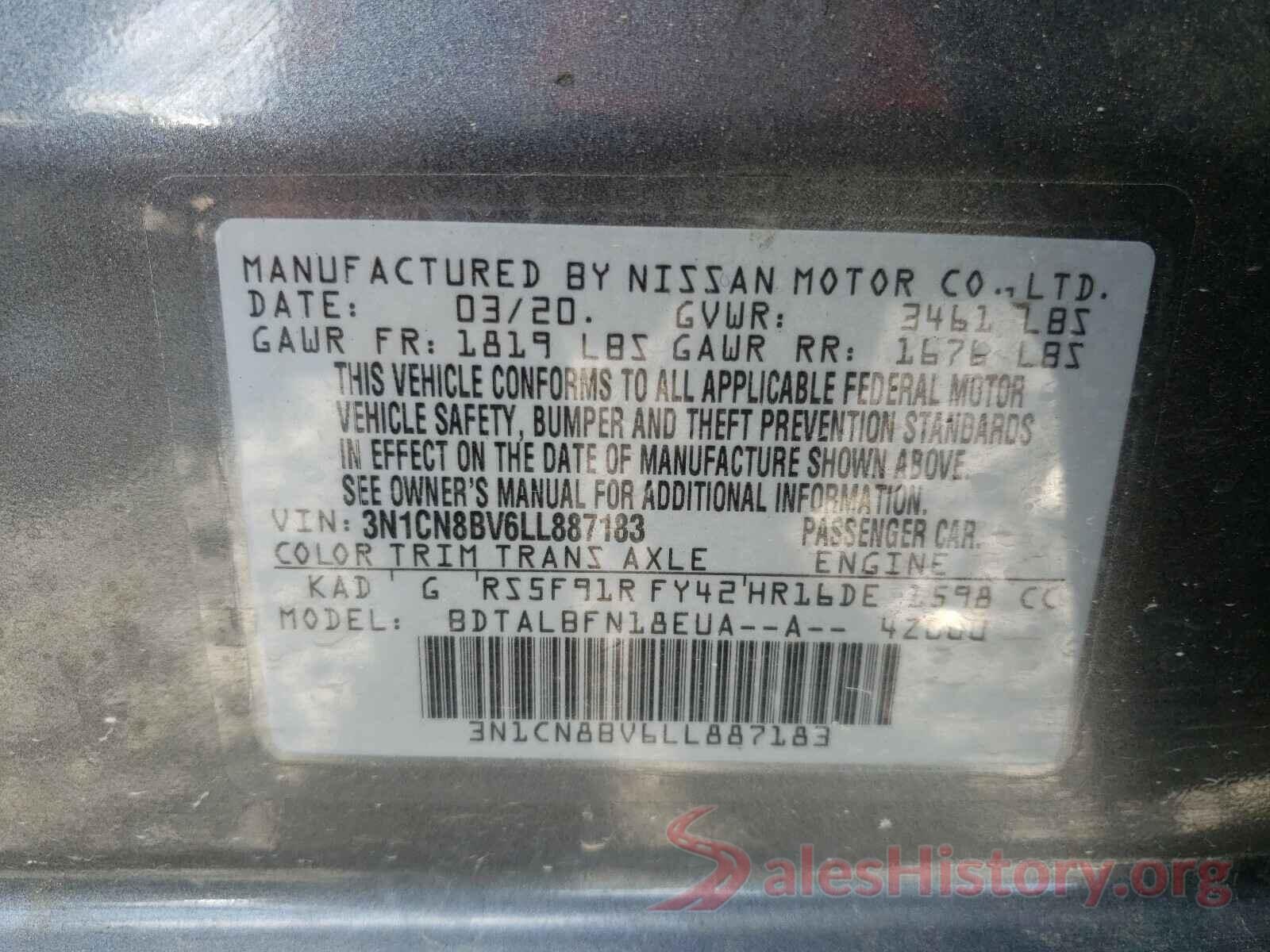 3N1CN8BV6LL887183 2020 NISSAN VERSA